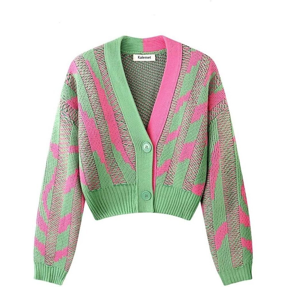 Pink Green Color Block Cardigan Women Cropped Knit Bright Pattern